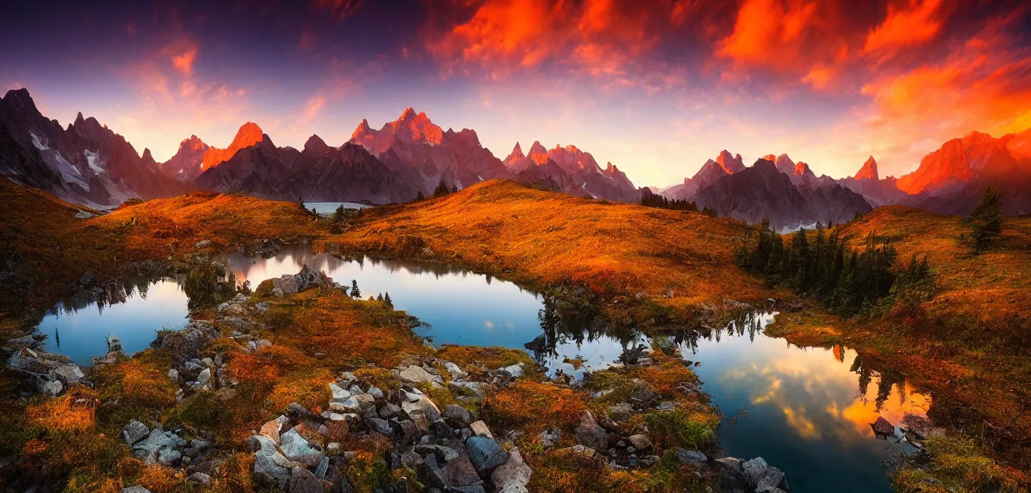 Image similar to amazing landscape photo of mountains with lake in sunset by marc adamus, beautiful dramatic lighting