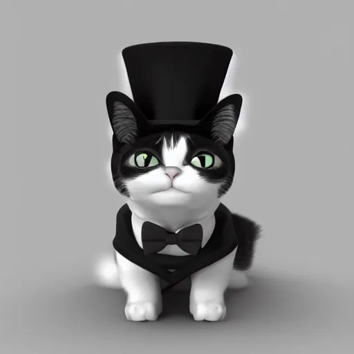 Image similar to a cat wearing a top hat and a bow tie, an ambient occlusion render by anne stokes, polycount contest winner, new objectivity, daz 3 d, rendered in maya, sketchfab