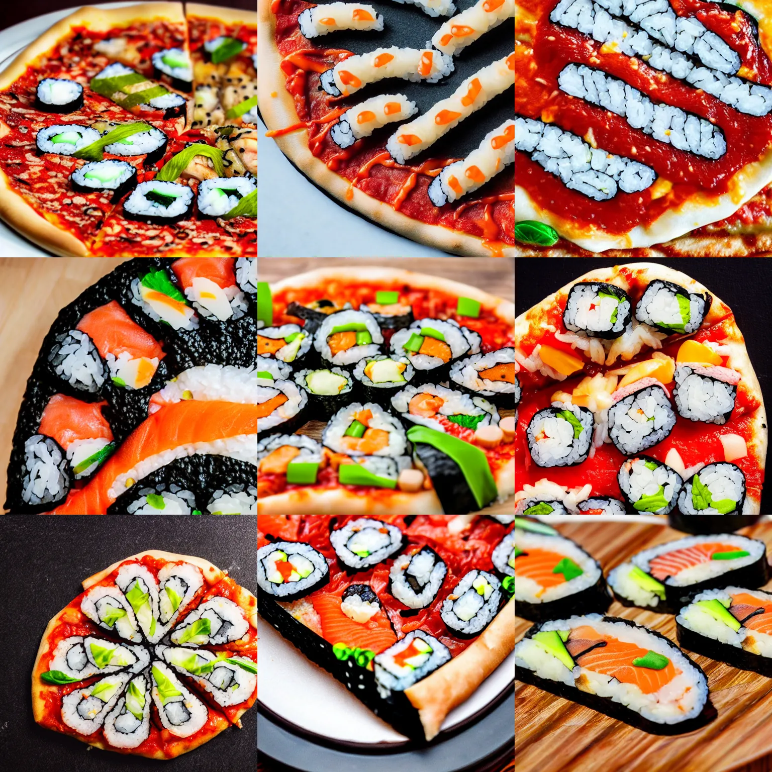Prompt: big sushi! on a pizza slice, close - up, close up, professional food photography