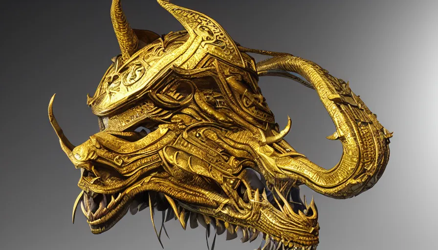Image similar to viking dragon helmet in a museum, made from gold, photorealistic render