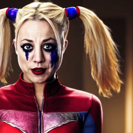 Image similar to A still of Kaley Cuoco as Harley Quinn