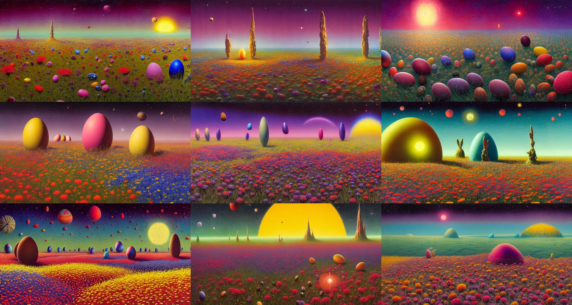 Prompt: a beautiful up close view of a 3 d easter eggs in a field of multicolored colored flowers, underneath a star filled night sky, harold newton, zdzislaw beksinski, donato giancola, warm coloured, gigantic pillars and flowers, maschinen krieger, beeple, dune, ilm, atmospheric perspective