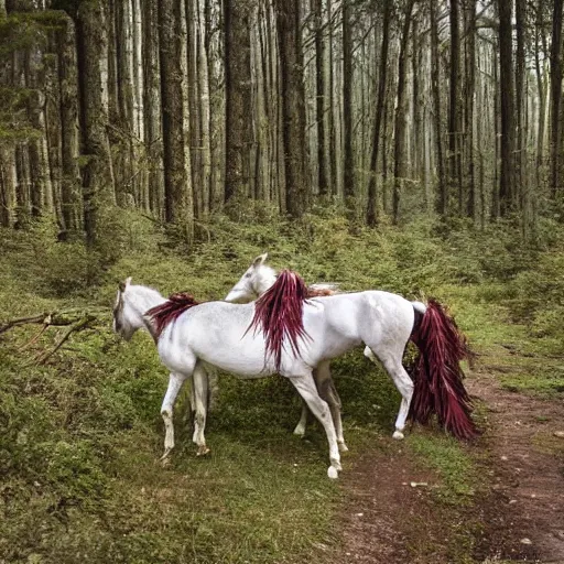 Prompt: two dead horses with many feather arrows on their body, lying on the woods path, dense thickets on each side, photo, 8 k