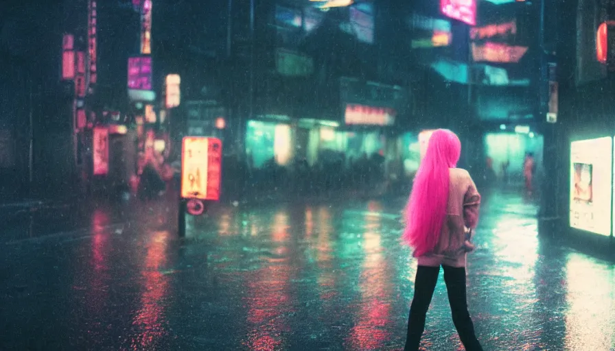 Image similar to street of shibuya photography, night, rain, mist, a girl with pink hair, cinestill 8 0 0 t, in the style of william eggleston