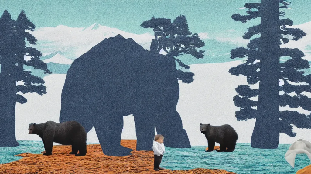 Image similar to a mama and baby bear at a seaside landscape with sequoia trees, japan, a collage painting, in the style of wes anderson, lola dupre, david hockney, isolated on negative white space background dark monochrome neon spraypaint accents volumetric octane render