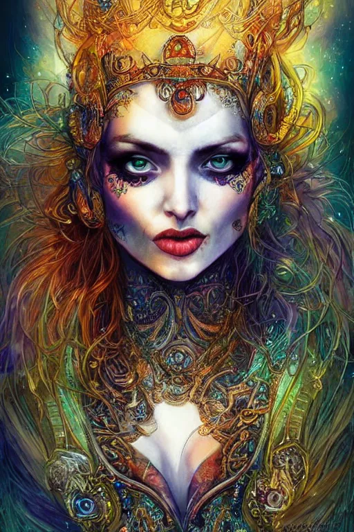 Prompt: portrait of a powerful celtic queen with sexy neckline and colourful face painting in the style of anna dittmann and in the style of luis royo. glowing, ornate and intricate, stunning, dynamic lighting, intricate and detailed.