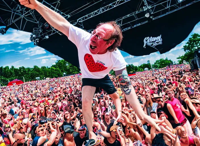 Image similar to photo still of gallagher at vans warped tour!!!!!!!! at age 4 5 years old 4 5 years of age!!!!!!! throwing watermelons at a crowd, 8 k, 8 5 mm f 1. 8, studio lighting, rim light, right side key light
