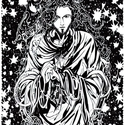 Prompt: black and white pen and ink!!!!!!! Suprani!!!!! attractive Mac Miller x Kurt Cobain wearing High Royal flower print robes made of stars final form flowing royal!!! Flowing battle stance Vagabond!!!!!!!! floating magic swordsman!!!! glides through a beautiful!!!!!!! Camellia!!!! Tsubaki!!! death-flower!!!! battlefield behind!!!! dramatic esoteric!!!!!! Long hair flowing dancing illustrated in high detail!!!!!!!! by Yusuke Murata and Hiroya Oku!!!!!!!!! graphic novel published on 2049 award winning!!!! full body portrait!!!!! action exposition manga panel black and white Shonen Jump issue by David Lynch eraserhead and beautiful line art Hirohiko Araki!! Tite Kubo!!!!!, Kentaro Miura!, Jojo's Bizzare Adventure!!!!