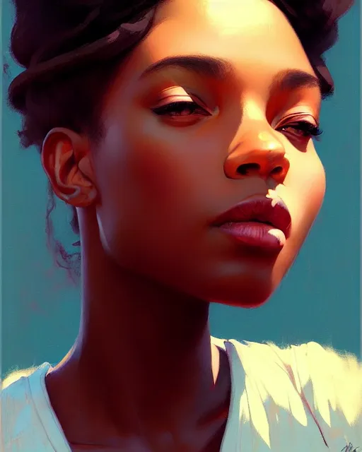 Prompt: stylized portrait of an artistic pose, composition, young black girl, realistic shaded, fine details, realistic shaded lighting poster by ilya kuvshinov, magali villeneuve, artgerm, jeremy lipkin and michael garmash and rob rey