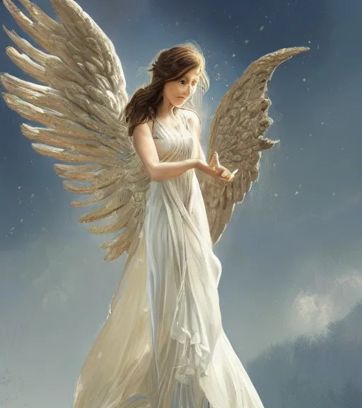 Image similar to angel, full dress, full body portrait, gentle, female, ruins landscape, d & d, fantasy, intricate, elegant, highly detailed, digital painting, white gold color palette, artstation, octane render, concept art, matte, sharp focus, illustration, hearthstone, art by artgerm and greg rutkowski and alphonse mucha