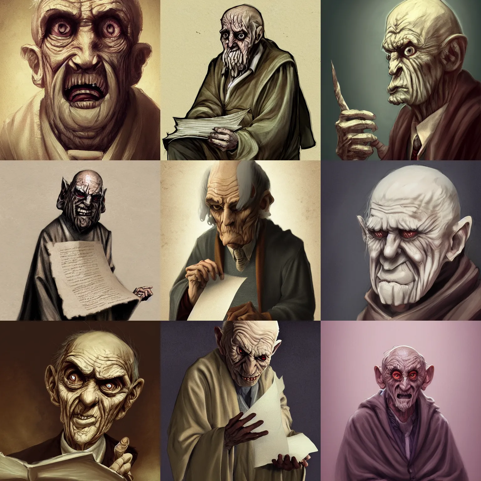 Prompt: A creepy old short man wearing dirty damaged robes holding a paper scroll, long fingernails, focus on face, sharp focus, digital painting, trending on artstation, concept art, fantasy, medieval, in the style of ben evrard