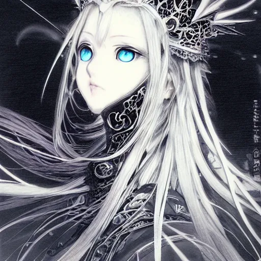 Image similar to yoshitaka amano blurred and dreamy illustration of an anime girl with black eyes, wavy white hair and crown on her head wearing elden ring armor with the cape fluttering in the wind, abstract black and white patterns on the background, noisy film grain effect, highly detailed, renaissance oil painting, weird portrait angle