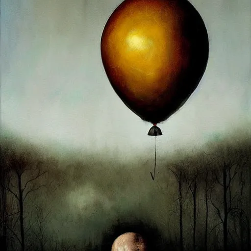 Prompt: an oil painting of a black balloon by esao andrews. circa survive album cover art. dark. muted colors. gothic. oil painting with brush strokes. creepy.