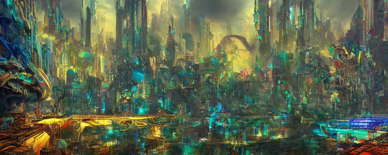 Image similar to dichroic ultra realistic illustration of beautiful ruination futuristic cyberpunk flooded kowloon, epic composition, accidental baroque golden ratio, by roger dean graffiti art, scifi, fantasy, hyper detailed. concept sketch. concept art. trending on artstation