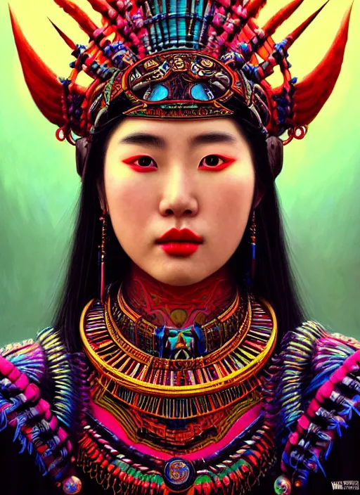 Image similar to portrait of liu yifei, hyper detailed ultra sharp aztec shaman warrior. trending on artstation, warpaint aesthetic, bloodwave, colorful, psychedelic, ornate, intricate, digital painting, concept art, smooth, sharp focus, illustration, art by artgerm and greg rutkowski and h. r. giger, 8 k