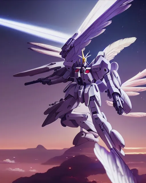 Image similar to highly detailed vfx portrait of an angelic gundam with wings of feathers beam saber fighting in space with a beam gun, unreal engine, greg rutkowski, loish, rhads, beeple, makoto shinkai and lois van baarle, ilya kuvshinov, rossdraws, tom bagshaw, alphonse mucha, global illumination, detailed and intricate environment