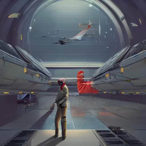 Prompt: beautiful concept painting of man in pajamas, floating in zero gravity through a massive rocket hangar, lit from the side, moody, cinematic, artstation, wide shot, simon stalenhag