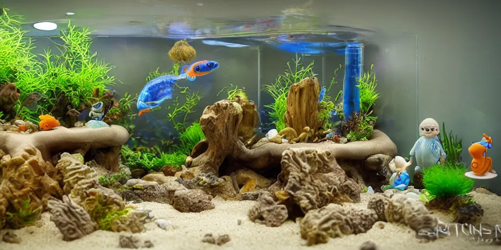 Image similar to fish tank in hospital waiting room. newt. plasticine model in water. figures clay. tilt shift. clay figure. surreal. tropical fish tank with sand. strange. weird. astrix and obelisk. bubbles form pump. tintin. hands. tank. wallace and gromit. siamese fighting fish. aquatic photography. photorealistic. waiting room