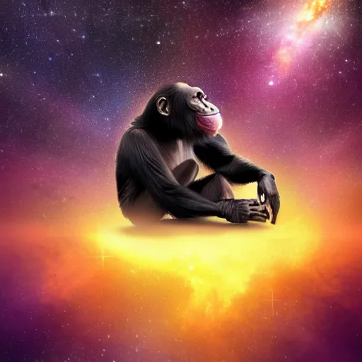 Image similar to a chimpanzee floating through outer space reaching out and touching nebula with it's finger, digital art, concept art, DeviantArt, art station illustration highly detailed artwork cinematic hyper realistic