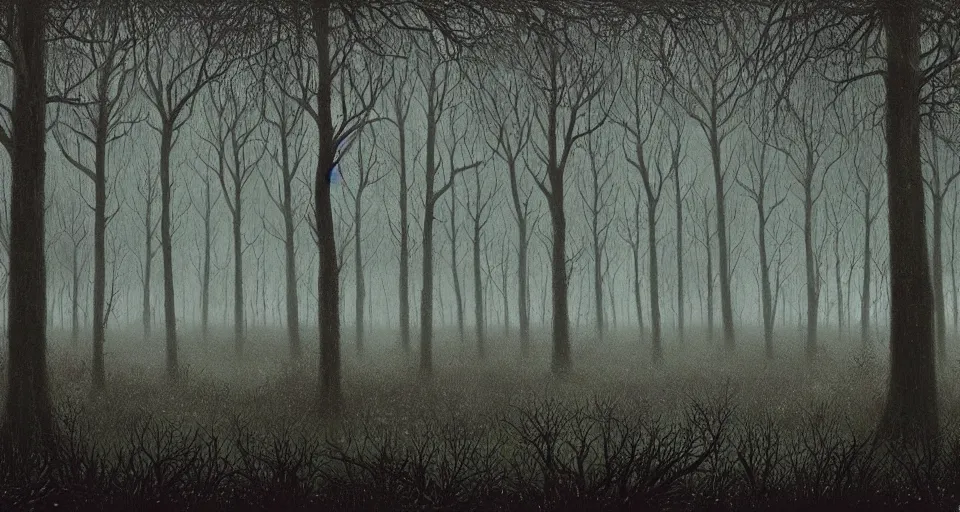 Image similar to A dense and dark enchanted forest with a swamp, by lee madgwick