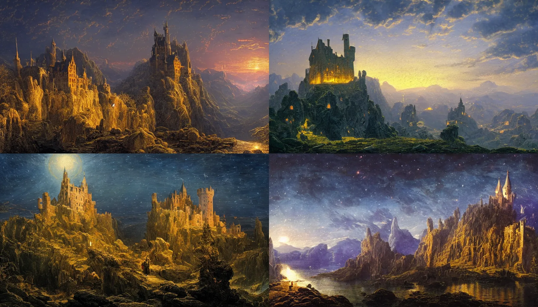 Prompt: marvellous castle made of crystal and glass in a dark mountain during golden hour, detailed, intricate, glorious lighting, dark sky, stars, masterwork composition, cgsociety, caspar david friedrich, thomas kinkade, strong presence