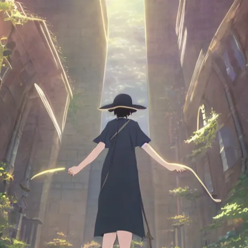 Image similar to A wizard in Your Name by Makoto Shinkai, wizard hat, anime key visual