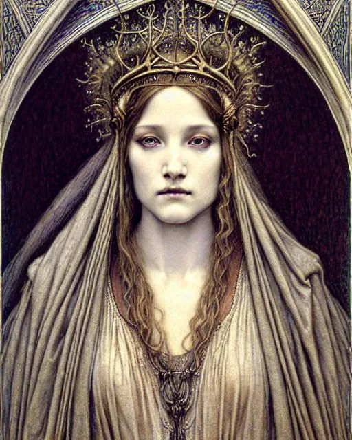 Image similar to detailed realistic beautiful young medieval queen face portrait by jean delville, gustave dore and marco mazzoni, art nouveau, symbolist, visionary, gothic, pre - raphaelite. horizontal symmetry