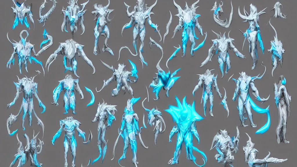 Image similar to a fantasy white and pale blue draconian demon with bright eyes character design sheet, trending on artstation