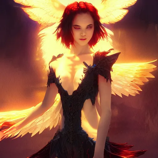 Prompt: young vampire princess with burning wings 4 k high definition gorgeous dramatic lighting artstation trending path traced contrast light and dark cinematic breathtaking by hughes, edward robert, noriyoshi ohrai and hans zatzka