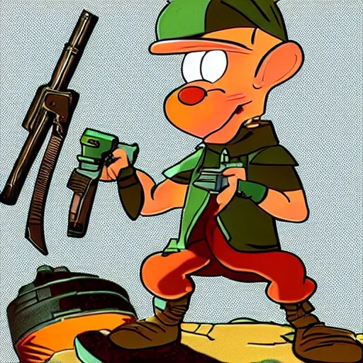 Image similar to Elmer Fudd from Loony Tunes in Doom, wearing green armor and helmet, killing demons, Bugs Bunny, rip and tear, video game