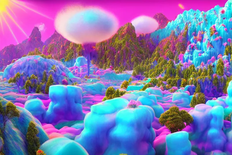 Image similar to a psychedelic realm with rolling plains made out of clouds, mountains made out of icebergs, and plant life made out of cotton candy, in the style of wlop and lisa frank, illustration, epic, fantasy, hyper detailed, smooth, unreal engine, sharp focus, ray tracing