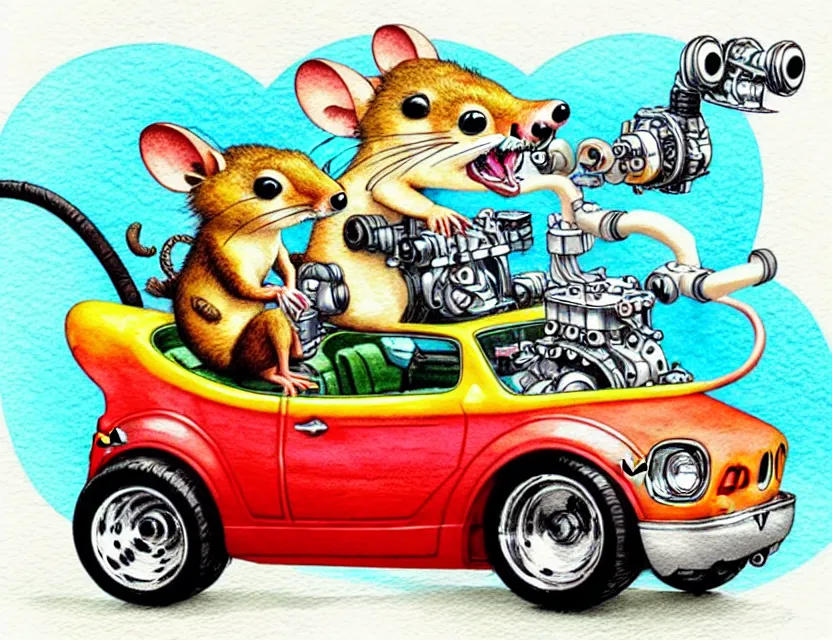 Image similar to cute and funny, quoll riding in a tiny hot rod with oversized engine, ratfink style by ed roth, centered award winning watercolor pen illustration, isometric illustration by chihiro iwasaki, edited by range murata, tiny details by artgerm and watercolor girl, symmetrically isometrically centered