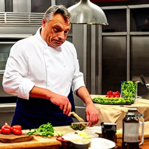 Prompt: viktor orban cooks in a tv show, oil painting