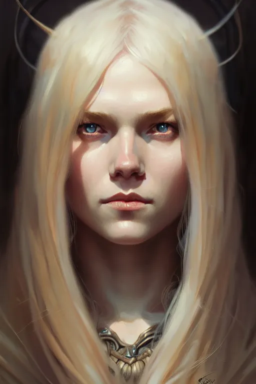 Image similar to Close-up portrait of young nordic girl, long blonde hair, dark fantasy, portrait, highly detailed, digital painting, artstation, concept art, sharp focus, illustration, art by artgerm and greg rutkowski and alphonse mucha