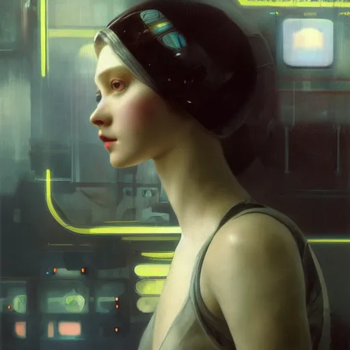 Prompt: hyperrealist portrait of a pretty young female robot with large eyes standing in front of a computer simulation by jeremy mann and alphonse mucha, fantasy art, photo realistic, dynamic lighting, artstation, poster, volumetric lighting, very detailed faces, award winning