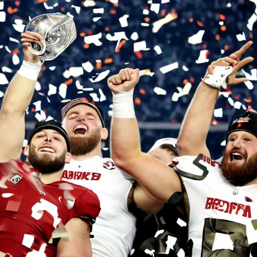 Prompt: baker mayfield lifts up the lombardi trophy, confetti, 8 k sports photography