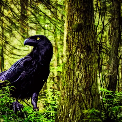 Prompt: werecreature crow, photograph captured in a forest