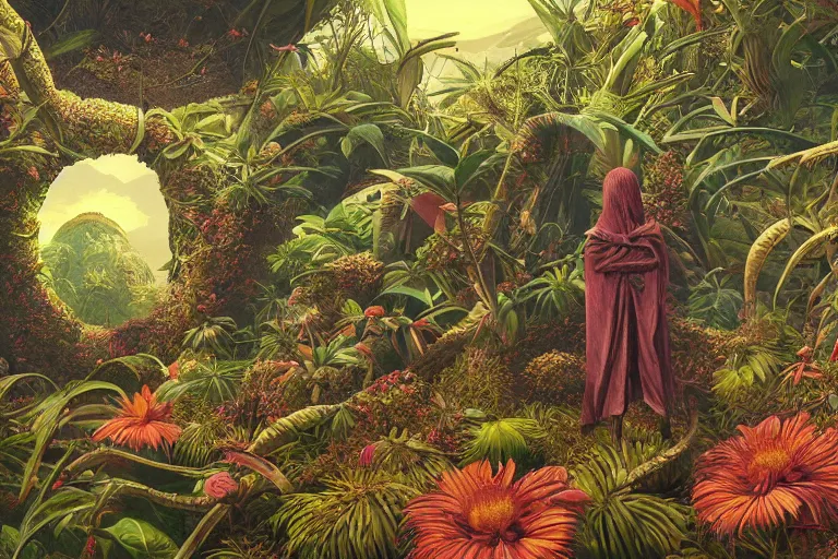 Prompt: evangelionic illustration, a lot of exotic vegetation, trees, tremendous pleasure, flowers, oldschool vintage sci - fi flat surreal design, super - detailed, oil painting by moebius, hd, 4 k, high quality