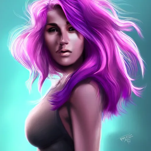 Image similar to a stunning upper body portrait of a beautiful woman with purple hair and pink highlights blowing in the wind by marvel comics, digital art, trending on artstation