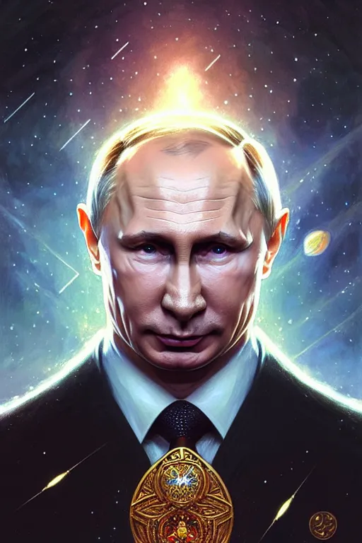 Image similar to Portrait of Putin in space, D&D, face, dark fantasy, intricate, elegant, highly detailed, digital painting, artstation, concept art, smooth, sharp focus, illustration, art by artgerm and greg rutkowski and alphonse mucha