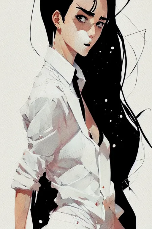 Prompt: a ultradetailed full body portrait of a woman dressed in a white shirt with a tie, by conrad roset, greg rutkowski and makoto shinkai trending on artstation