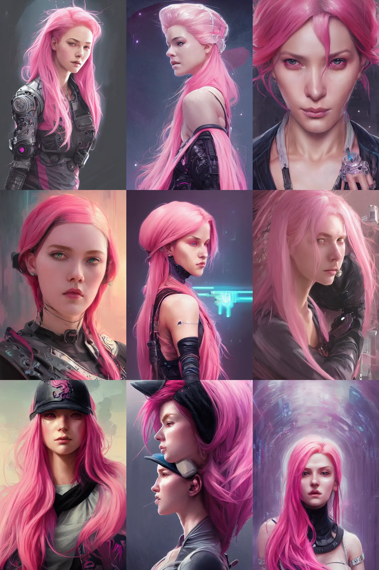 Prompt: Ultra realistic illustration, woman with pink hair and black cap cyberpunk sci-fi, fantasy, intricate, elegant, highly detailed, digital painting, artstation, concept art, smooth, sharp focus, illustration, art by artgerm and greg rutkowski and alphonse mucha