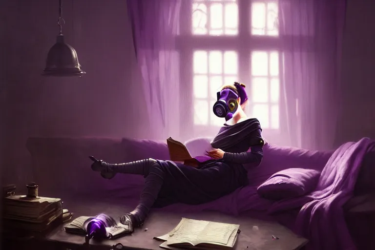 Image similar to girl with wearing a gas mask lying on the sofa reading a book in her room, in the style of greg rutkowski, intricate and epic composition, purple by caravaggio, insanely quality, highly detailed, masterpiece, purple light, artstation, 4 k
