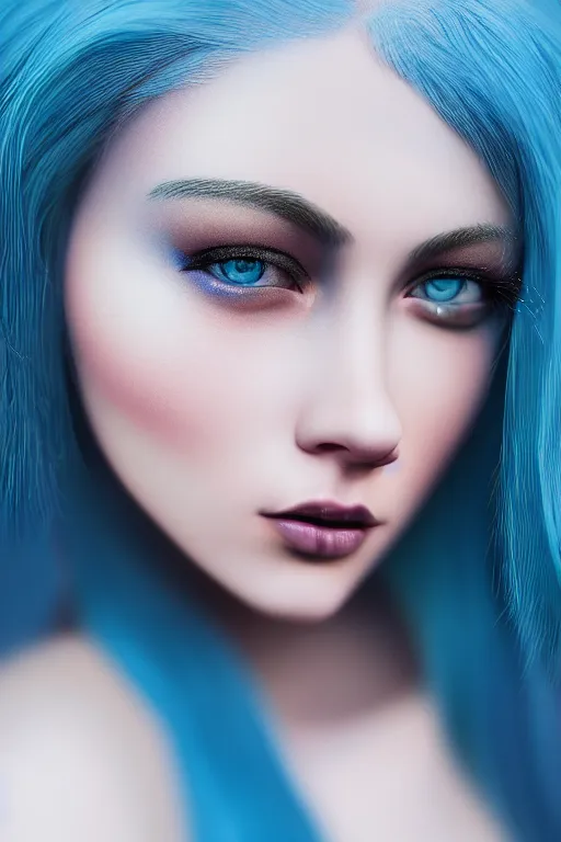 Prompt: hd photograph of a pretty girl with blue hair, close up portrait, skin texture, in the style of ilya kuvshinov, dramatic lighting, fantasy, intricate, elegant, highly detailed, lifelike, photorealistic, digital painting, bokeh, hdr, high resolution, unsplash, smooth, sharp focus, art by krenz cushart and albert aublet