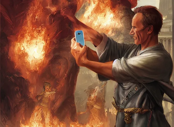 Image similar to julius caesar taking a selfie with an iphone as rome burns behind him by charlie bowater and john howe