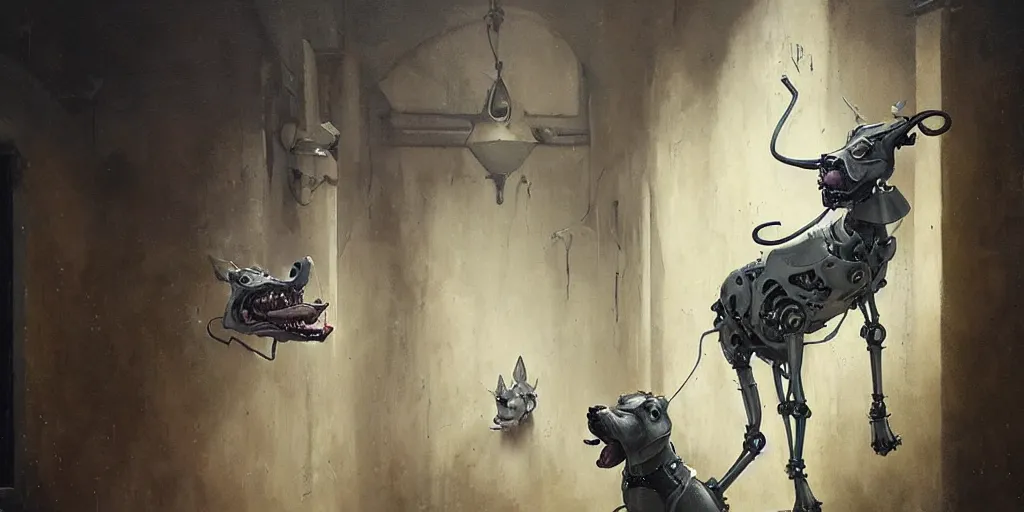 Image similar to a robot dog in cloistered alleyway dreaming of a circus, in the style of peter mohrbacher by weta digital and beth cavener, high face symmetry, intricate, masterpiece, award winning, high face symmetry, intricate