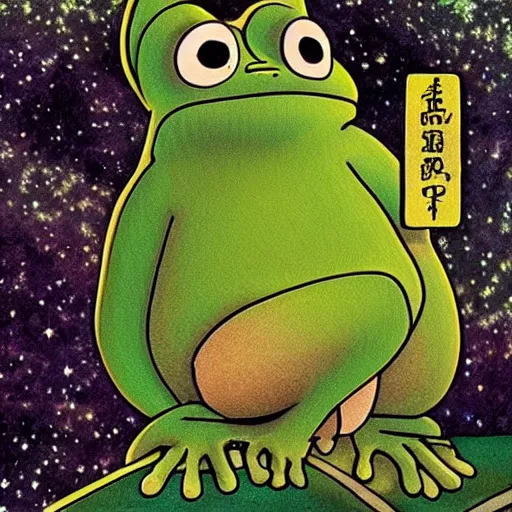 Prompt: futuristic spiritual mystic photo of the pepe the frog, studio ghibli, beautiful, crisp