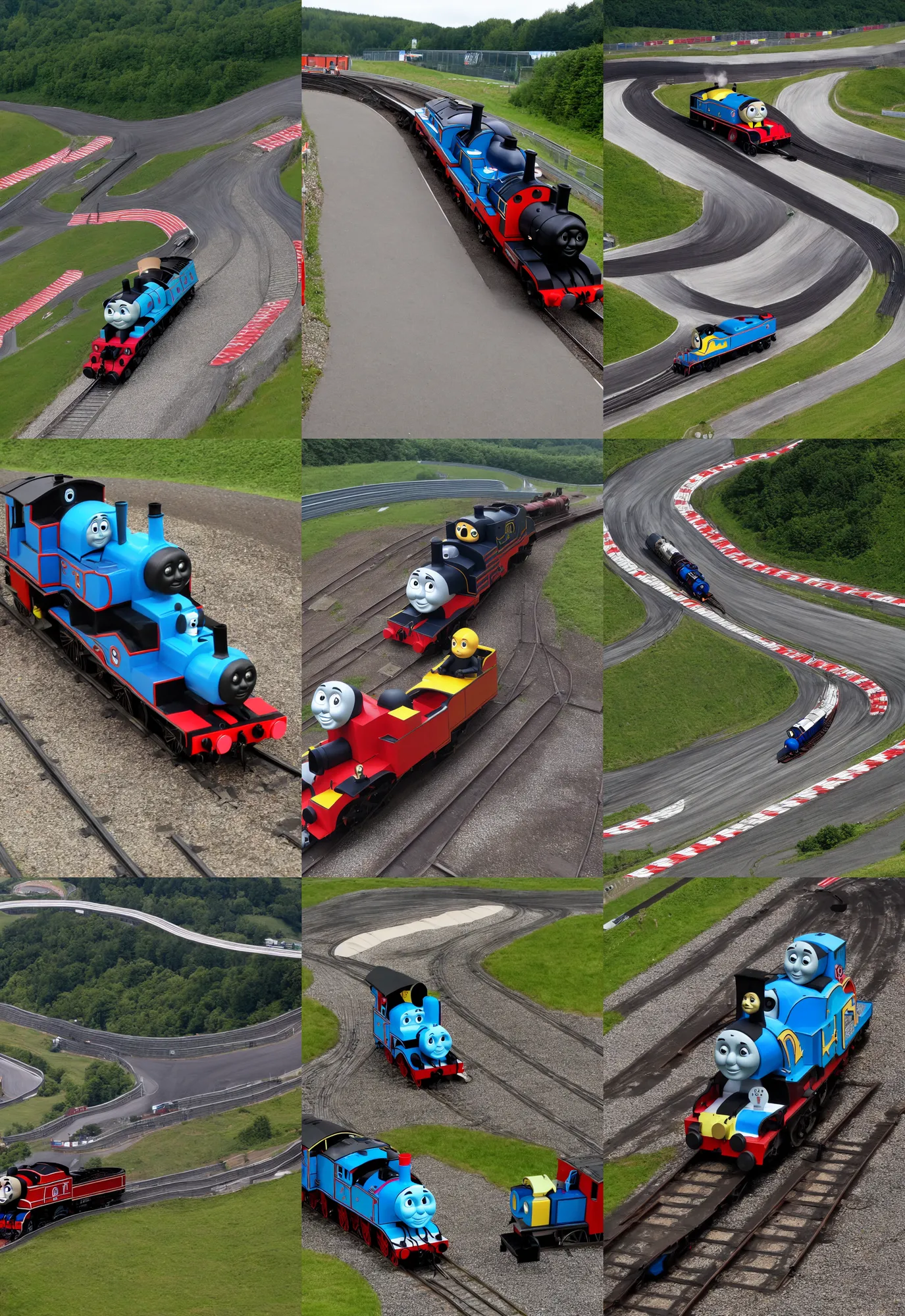 Prompt: Thomas the Tank Engine, on the racetrack Nurburgring Nordschleife. Setting a hot lap