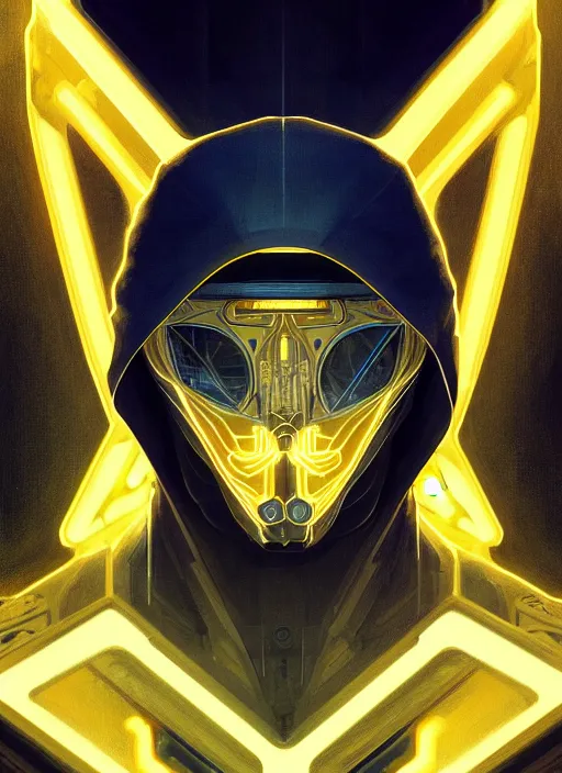 Image similar to symmetry!! portrait of man with black hood, sci - fi, tech wear, blue and yellow glowing lights!! intricate, elegant, highly detailed, digital painting, artstation, concept art, smooth, sharp focus, illustration, art by artgerm and greg rutkowski and alphonse mucha