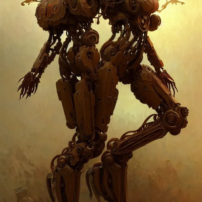 Image similar to organic wooden mech, diffuse lighting, fantasy, intricate, elegant, highly detailed, lifelike, photorealistic, digital painting, artstation, illustration, concept art, smooth, sharp focus, art by john collier and albert aublet and krenz cushart and artem demura and alphonse mucha